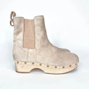 J Crew Clog Boots Leather Suede Faux Fur Lined Bronzed Clay Beige Size 8.5